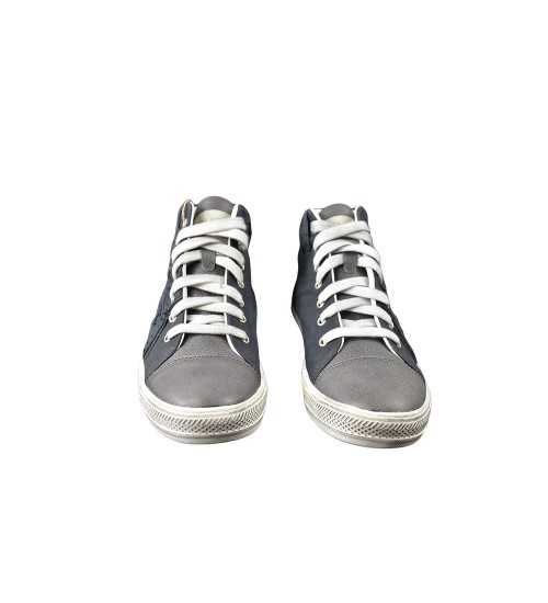 Handmade sneaker grey leather and black fashion material.
